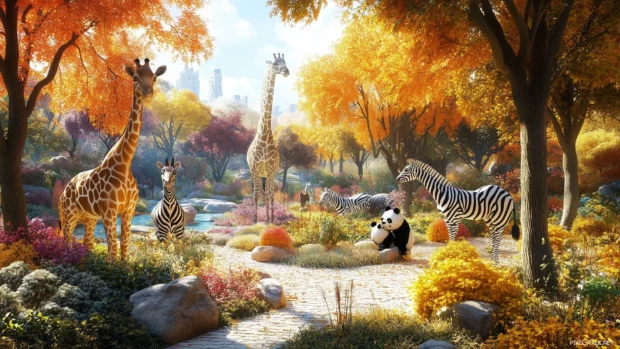 A lively 3D zoo setting with friendly animals like zebras, giraffes, and pandas, surrounded by colorful trees and plants, creating a cheerful animal kingdom.
