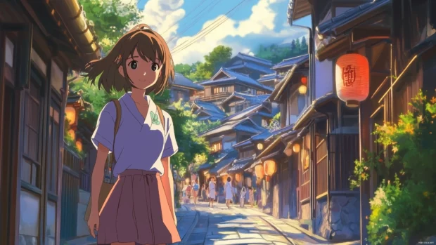 A lively anime character exploring the streets of Kyoto, passing by traditional tea houses and lanterns, anime style.