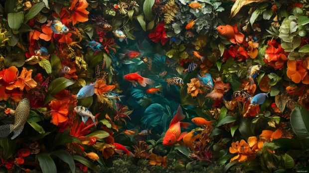 A lively fish tank filled with guppies, mollies, and tetras, surrounded by a variety of lush green plants and small decorative ornaments.