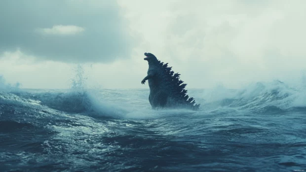 A lone Godzilla standing in the ocean as waves crash dramatically around.