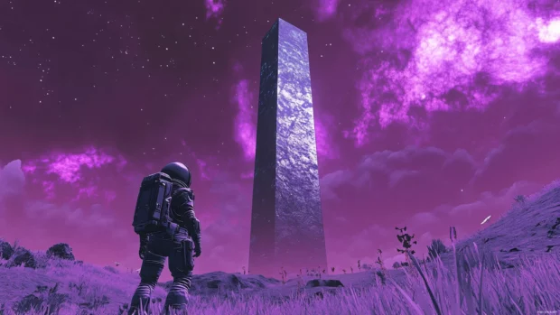 A lone astronaut stands before an alien monolith in a violet nebula.