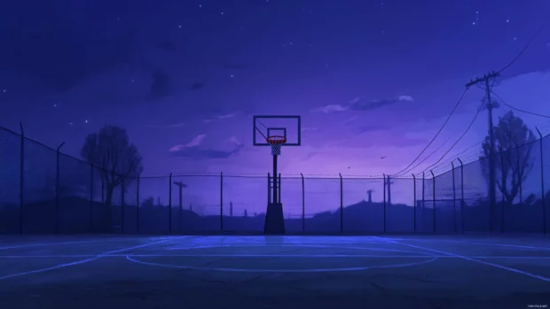 A lone basketball hoop under a twilight sky, with court lines glowing softly.