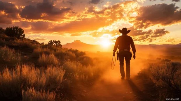 A lone cowboy standing on a dusty trail with a wide brimmed hat, a lasso in hand, and a dramatic sunset in the background.