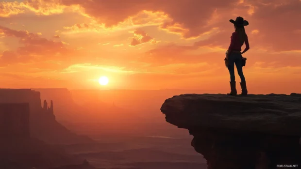 A lone cowgirl standing at a cliff edge watching the sun go down.