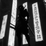 A lone cyber samurai standing under holographic signs, great for a Cyberpunk Wallpaper theme.
