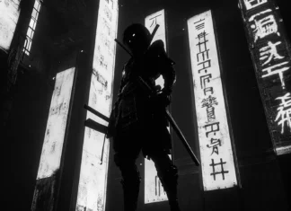 A lone cyber samurai standing under holographic signs, great for a Cyberpunk Wallpaper theme.