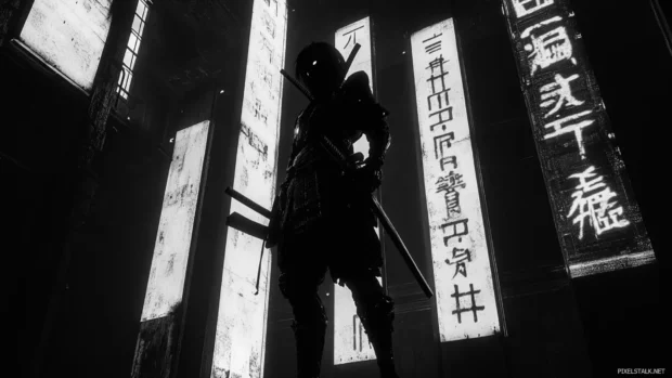 A lone cyber samurai standing under holographic signs, great for a Cyberpunk Wallpaper theme.