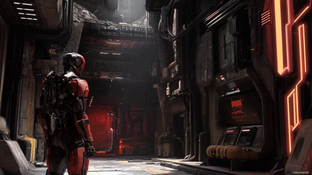A lone cyborg standing under flickering neon lights in a dystopian urban alleyway, perfect for a sci fi 4K cyberpunk background.