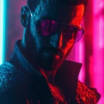 A lone detective in a cyberpunk noir setting.