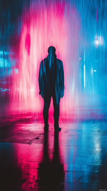 A lone figure standing under pink and blue neon lights in a rainy street.