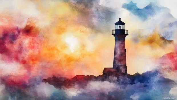 A lone lighthouse guiding ships under watercolor storm clouds.