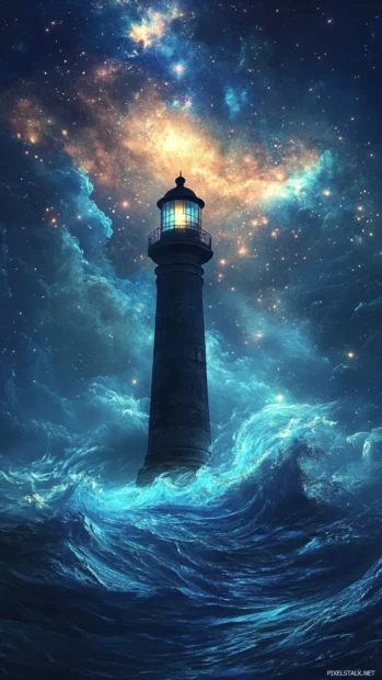 A lone lighthouse under a swirling starry storm, revealing the splendor of magical starry sky landscape.
