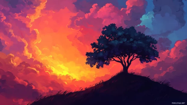 A lone tree on a hilltop silhouetted against a vivid sunset beach wallpaper sky, clouds ablaze with color.
