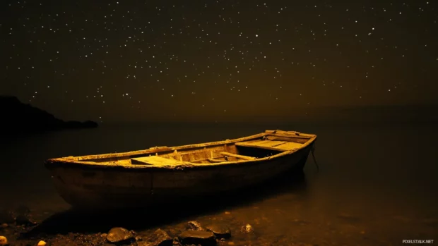 A lonely boat adrift under silent stars.