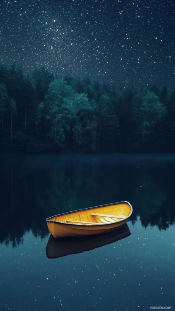 A lonely boat floating quietly under a starry river capturing the spirit of starry night wallpaper for iphone.