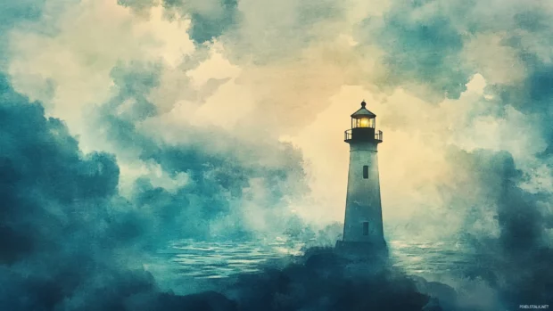 A lonely lighthouse standing beneath heavy watercolor clouds.