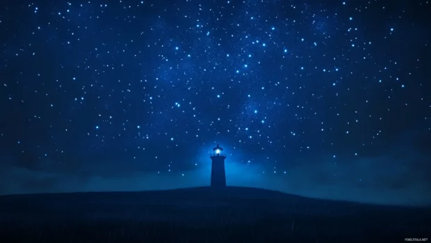 A lonely lighthouse standing under blue stars.
