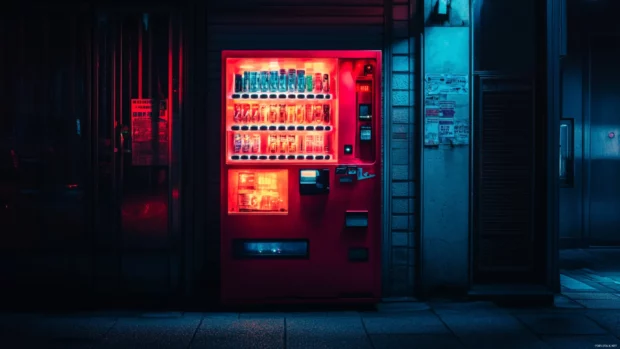 A lonely vending machine glowing in the dark alley.