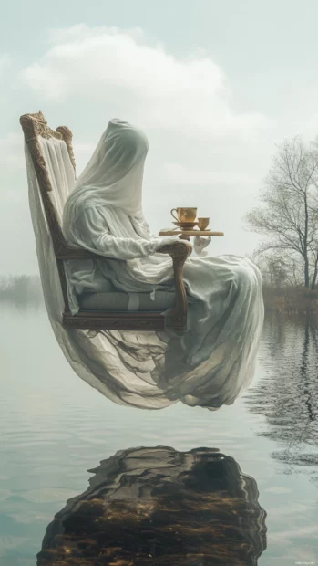 A long ghost scarf floats with the wind as its owner drinks tea on a floating chair.