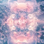 A loop of shimmering jellyfish swimming through a kaleidoscopic sky in trippy fashion.