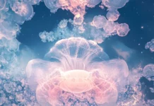 A loop of shimmering jellyfish swimming through a kaleidoscopic sky in trippy fashion.