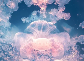 A loop of shimmering jellyfish swimming through a kaleidoscopic sky in trippy fashion.