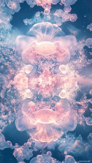 A loop of shimmering jellyfish swimming through a kaleidoscopic sky in trippy fashion.