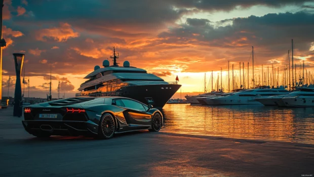 A luxury yacht in the background contrasts a parked Lamborghini by the marina under sunrise.