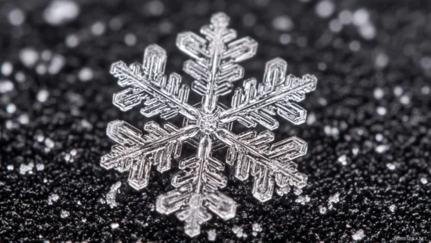 A macro shot of a snowflake on a dark surface, great for Windows 10 lock screen image.