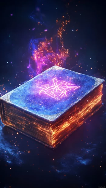 A magic book radiating neon runes into the air.