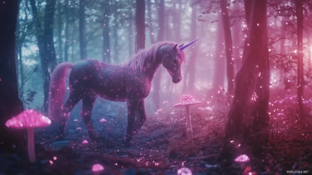 A magical 3D fairy tale forest with glowing mushrooms, gentle unicorns, and twinkling lights, creating a dreamy, whimsical wonderland perfect for kids.