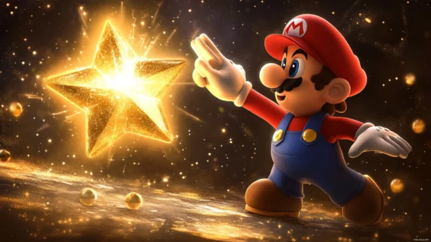 A magical Mario Star Wallpaper where he touches a Super Star that radiates golden light.