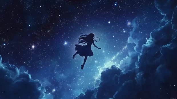 A magical anime girl flying across a starry night sky.
