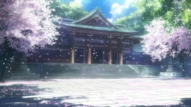 A magical anime scene with cherry blossoms floating in the air and a tranquil temple in the background, anime style.