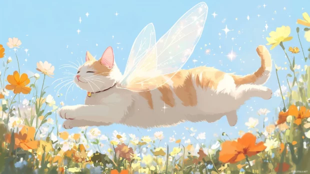 A magical cat with sparkly wings flying over a meadow filled with flowers, with stars twinkling in the clear blue sky.