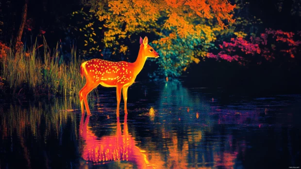 A magical deer stands at the edge of a glowing forest pond.