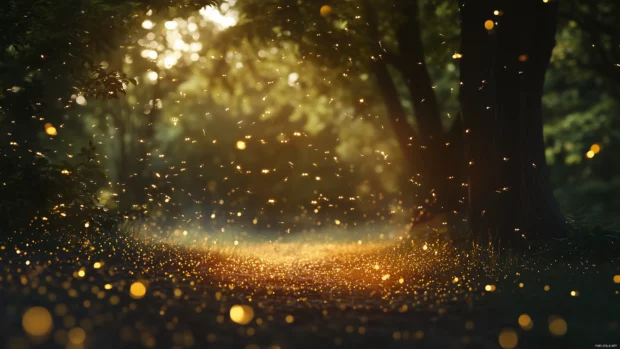 A magical firefly filled forest glowing under a clear starlit sky, with soft light illuminating the foliag.