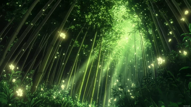 A magical forest of glowing bamboo with soft sunlight filtering through, inhabited by ethereal creatures, anime style.