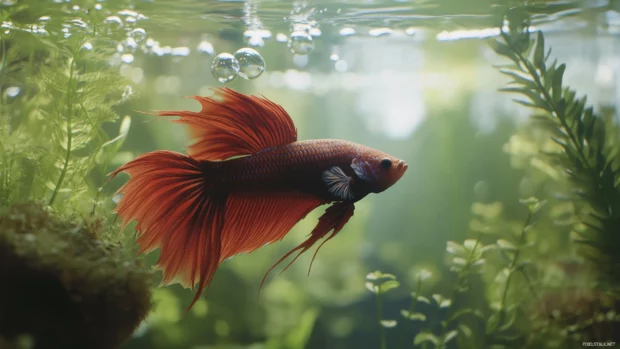 A majestic betta fish in a serene aquarium, its fins glowing under the soft lighting of the tank, with bubbles rising in the background.