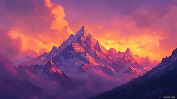 A majestic mountain range silhouetted against a fiery sunset sky, peaks glowing in the fading light.