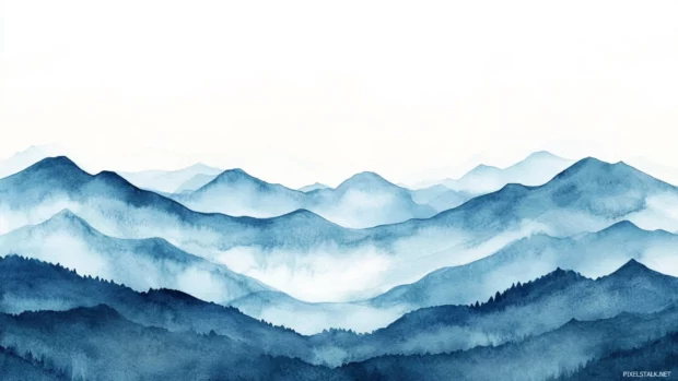 A majestic ridge stretching across the horizon in a dreamy watercolor desktop wallpaper with mountains.
