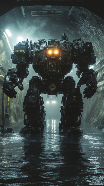 A massive mech stomps through a flooded tunnel lit with warning strobes.