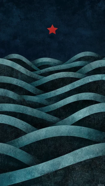 A maze of hills weaving below a single red star.