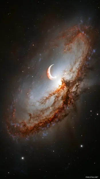 A mesmerizing galaxy with swirling stars, colorful nebulae, and a glowing crescent moon at the center.