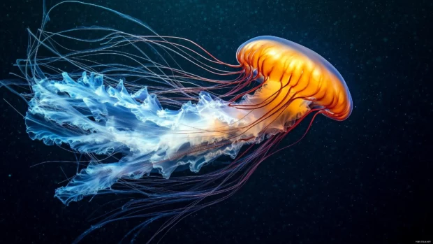 A mesmerizing jellyfish floating serenely in deep blue water, its translucent body illuminated by gentle bioluminescent light.