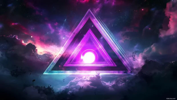 A mesmerizing retrowave grid with glowing triangular patterns, a pulsating neon sun, and a deep space background, Retro style.