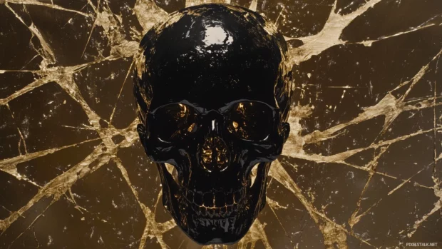 A metallic black skull with subtle fiery reflections, framed by minimalistic, abstract elements for a sleek, modern look.