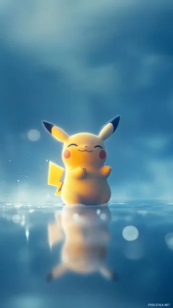 A minimal Pikachu iPhone Wallpapers scene where Pikachu smiles gently on a soft blue gradient.