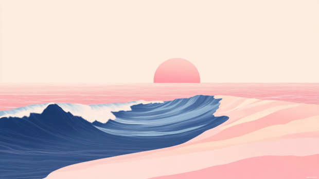 A minimal illustration of pink waves lapping on pastel shores.