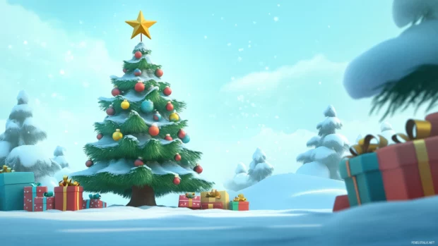 A minimalist Christmas tree decorated with colorful ornaments and a star on top, surrounded by wrapped presents in a snowy landscape.